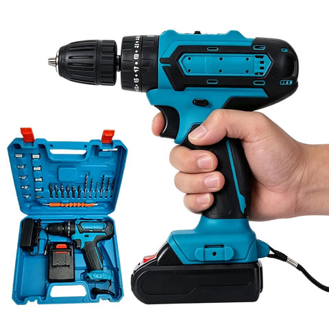 Rock Solid 21V Cordless Drill And Electric Screwdriver With Quick Lithium Battery for home DIY, shown in hand beside accessory case.
