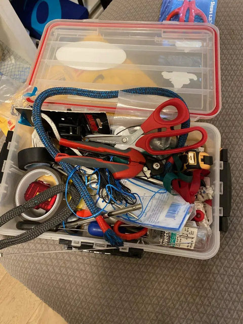 Tool box with Five And A Half Inch Carbon Steel Shears Built For Kevlar, Dyneema, Spectra, Vectran, Nomex, Technora, and other materials
