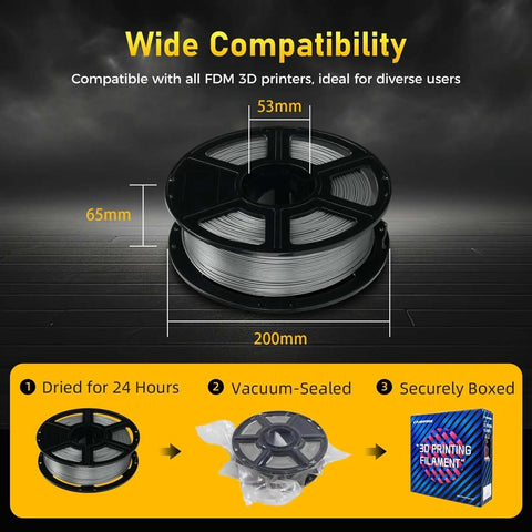 Petg Filament 1.75mm Metallic Silver For 3D Printing Ultra Fast 600mm/s High Speed Printing 1kg Spool Dimensions