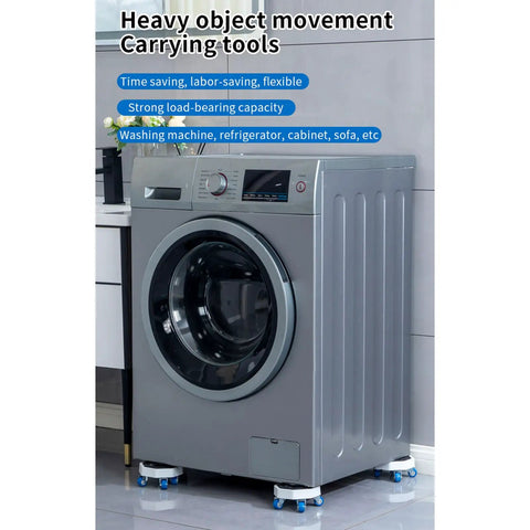 Heavy Duty Furniture Sliders And Appliance Moving Wheels With Reinforced Metal Build and Dual Ball Bearings under a washing machine.