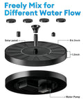 Sun Powered Bird Bath Fountain With Six Nozzles For Ponds And Gardens Dope Solar Pond Water Feature Easy Start Durable Panel Low Light Ready Black Finish Ideal Garden Decor with exploded view and dimensions of 6.3-inch diameter and 1.2-inch thickness, showcasing solar panel and water pump.