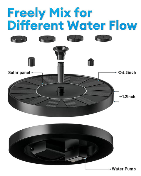 Sun Powered Bird Bath Fountain With Six Nozzles For Ponds And Gardens Dope Solar Pond Water Feature Easy Start Durable Panel Low Light Ready Black Finish Ideal Garden Decor with exploded view and dimensions of 6.3-inch diameter and 1.2-inch thickness, showcasing solar panel and water pump.