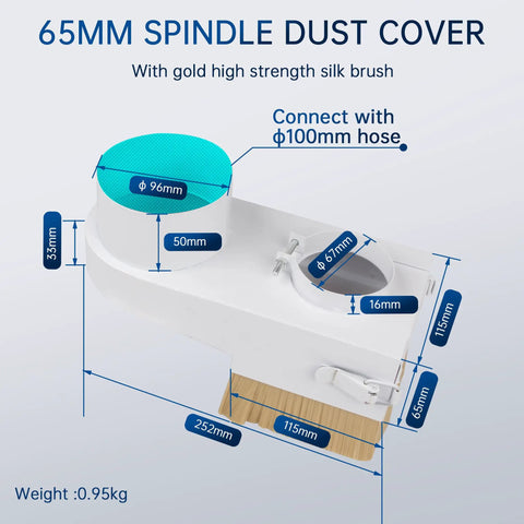 Diagram of 65mm Spindle Dust Boot Shoe for CNC Spindle Motor with double door brush showing measurements and 100mm hose connection.