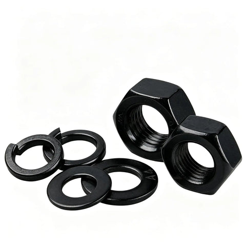 Black 304 Stainless Steel Hex Nut Assortment Kit M2 Through M20 With Flat And Spring Washers Rustproof Built To Last shown in detail