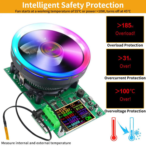 Battery Load Tester 180W 200V 20A USB 4-Wire System With Adjustable Constant Current And Voltage Discharge For Lithium Cells Pro-Grade Electronic Load Tester With 2.4 Inch Color Screen Real-Time Capacity Temperature Readouts, cooling fan and protection icons