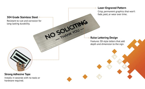 No Soliciting Sign For Front Door And Home With Raised Letters Contemporary Stainless 304 Design And Ultra Strong 3M Adhesive Tapes