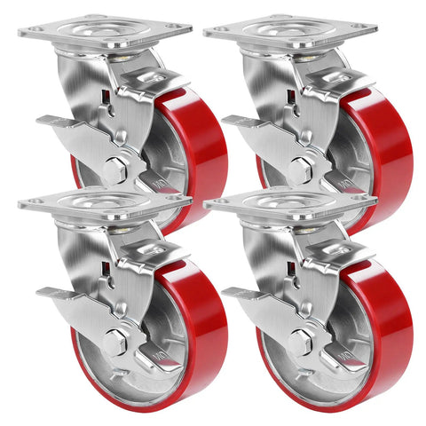 Heavy Duty Swivel Caster Set Of 4 With Dual Wheel Brakes And Rock Solid Industrial Rolling Support For Shop Equipment, 5 inch red wheels.