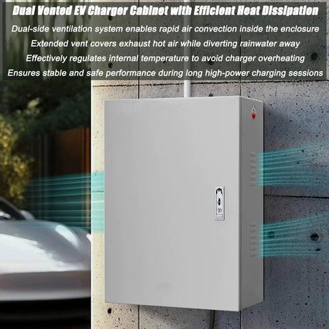 Dual Vented EV Charger Cabinet with efficient heat dissipation, wall-mounted, weatherproof steel enclosure for optimal performance.