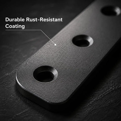 Close-up of the Built To Last Heavy Duty Flat Straight Wood Brace Brackets Kit 6 Pack in Matte Black showing rust-resistant coating