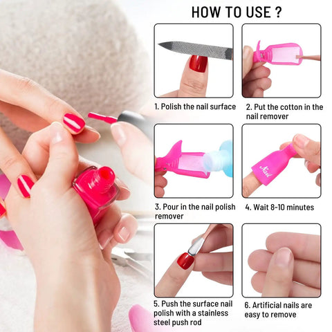 Instructional guide using 10 Pcs Pink Reusable Nail Polish Remover Clips Set For Gel Nail Removal Soak Off Caps Nail Art Clip