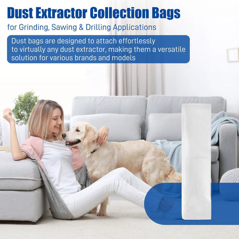 72 Ft Vacuum Dust Collection Bags 4 Pack Workhorse for Heavy Duty Concrete Jobs, shown next to woman and dog indoors