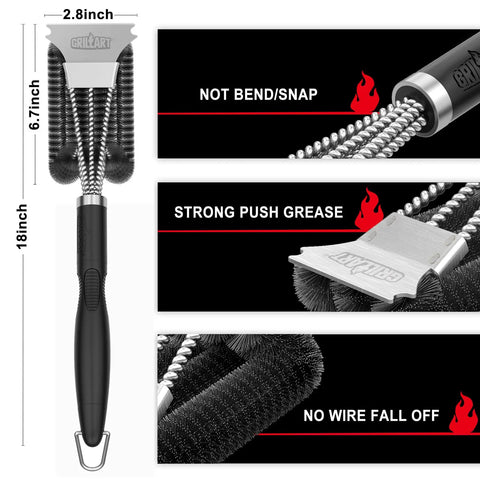 Heavy Duty Grill Brush And Scraper For Gas And Charcoal Grills With Triple Scrubbers And Safe Wire Bristles Ergonomic Handle