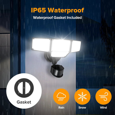 Hella Bright 80 Watt 9000 Lumens 4 Head Outdoor Security Flood Light With Hardwired Motion Sensor, IP65 waterproof gasket in rain.