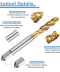Close-up of titanium coated spiral flute tap showing M2 high speed steel details for 2 Pack Spiral Flute Thread Taps 1 4 20 UNC 2B Machine Threading Tap Bit Titanium Coated Screw Tapping Repair Tool M2 High Speed Steel For Fast Clean Threads In Metalwork Automotive And DIY Projects Pro Grade