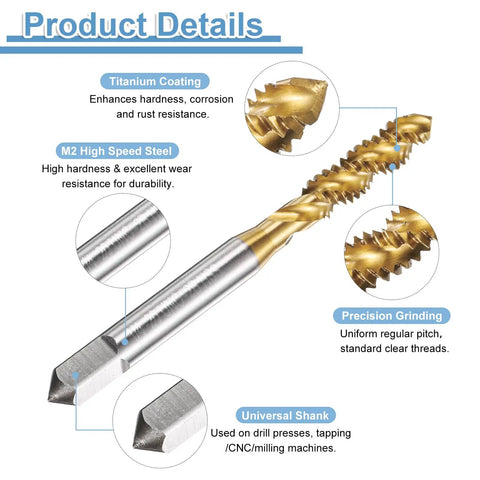 Close-up of titanium coated spiral flute tap showing M2 high speed steel details for 2 Pack Spiral Flute Thread Taps 1 4 20 UNC 2B Machine Threading Tap Bit Titanium Coated Screw Tapping Repair Tool M2 High Speed Steel For Fast Clean Threads In Metalwork Automotive And DIY Projects Pro Grade