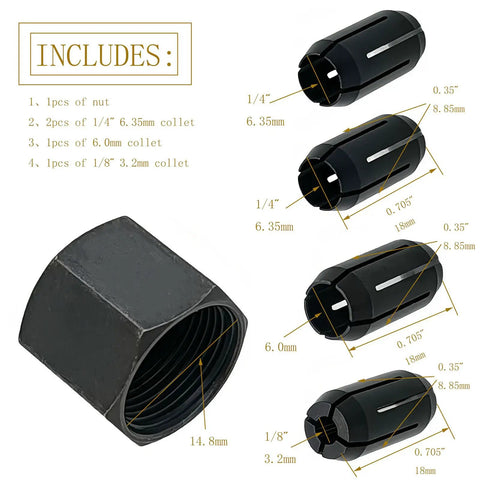 Cut Out Tool Collet Chuck Set, Five Pack with Four Collets and Nut for DW660 Series, showing 1/8 in, 6.0 mm, and 1/4 in collets