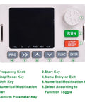 Control panel of 1.5kW VFD Inverter 220V 1 Phase To 3 Phase Converter 7A Output, displaying buttons and screen layout.