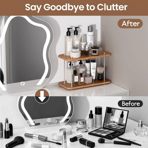 Two Tier Adjustable Bathroom Counter Organizer For Vanity, Sink And Kitchen Corners before and after, organizing cluttered space