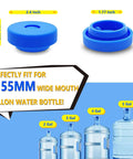 Leakproof Water Jug Cap Set For 3 And 5 Gallon Jugs, Food Grade Silicone Replacement Caps For 55mm Bottles And Water Dispensers, Reusable No Spill Cover, Patented 3 Pack shown with blue caps and bottle compatibility chart