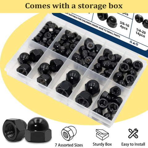 Black Stainless Steel Acorn Nut Set Kit, 80 Piece Assortment in storage box, shown with dome head nut caps