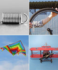 Collage of a metal spring, a person inflating a bicycle tire, a colorful rainbow kite in the sky, and a red model biplane.