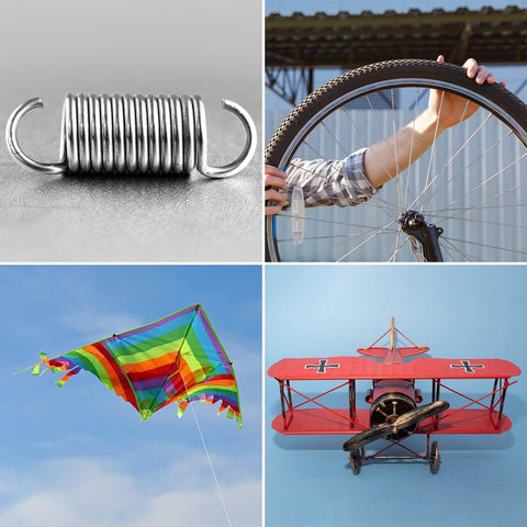 Collage of a metal spring, a person inflating a bicycle tire, a colorful rainbow kite in the sky, and a red model biplane.