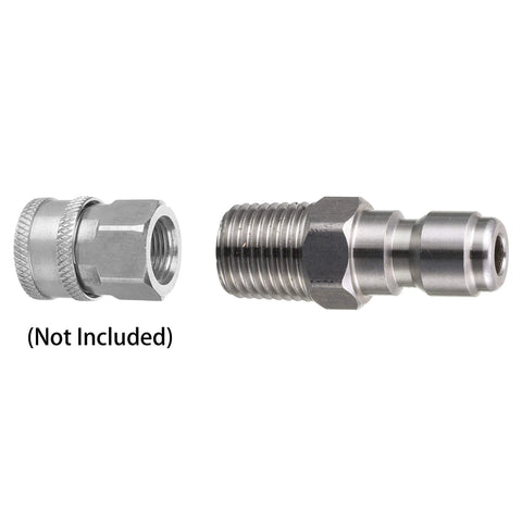Side view of two metal pressure-washer fittings: 1/4 in male NPT plug and quick-connect coupling, 2-pack.