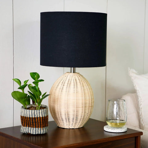 Boho Woven Rattan Table Lamp with Black Linen Shade in Natural Finish, Rotary Switch, on bedside table, 20 Inch Tall