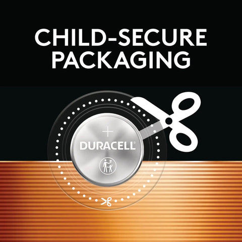 Child-secure packaging featuring a Duracell CR2032 lithium coin battery, showcasing its safety design.