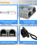 Premium 175A Battery Cable Connector For 1/0 To 4 Gauge Wire showing terminal pin, connector plug, stainless steel dome, and rubber dust cover.