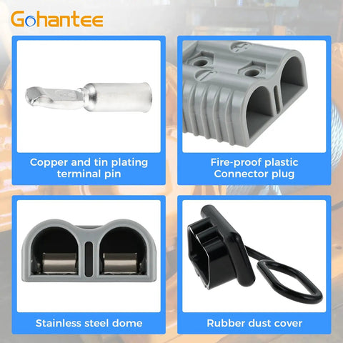 Premium 175A Battery Cable Connector For 1/0 To 4 Gauge Wire showing terminal pin, connector plug, stainless steel dome, and rubber dust cover.
