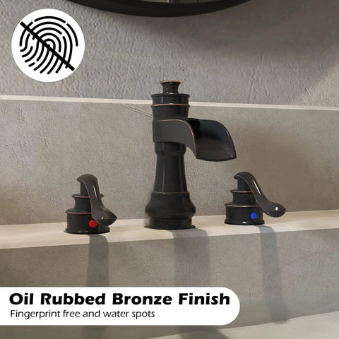 Waterfall Widespread Bathroom Faucet With Oil Rubbed Bronze Farmhouse Finish 8 Inch Spread Twin Handle 3 Hole Design shown.