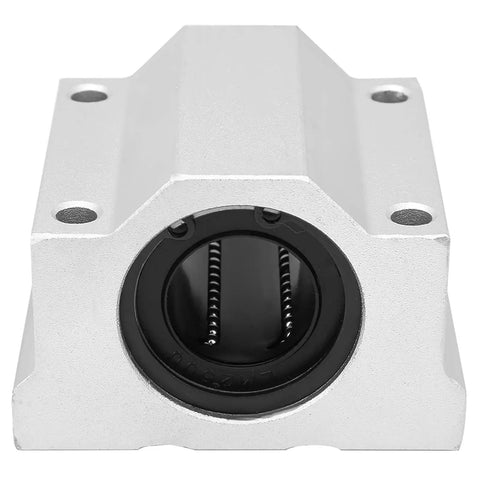 Front view of 25mm Aluminum Linear Bearing Pillow Block for CNC Machines, ultra smooth low friction movement, easy mount.