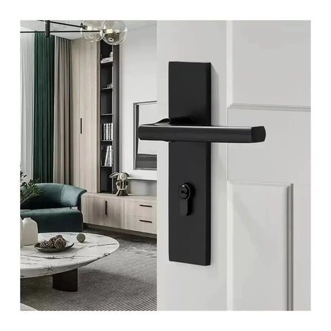 Black Silent Interior Door Lock Set With Keys For Bedroom And Bathroom Heavy Duty Zinc Alloy Handle on white door in modern room
