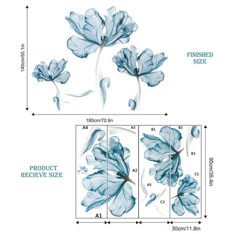 Diagram of Large Dope Blue Floral Wall Decal Set For Bedroom, Living Room, Office, and TV Backdrop with dimensions and layout