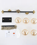 Components of 5 Light Modern Sputnik Island Pendant Light Fixture with Amber Glass Globe Shades for flat or sloped ceilings