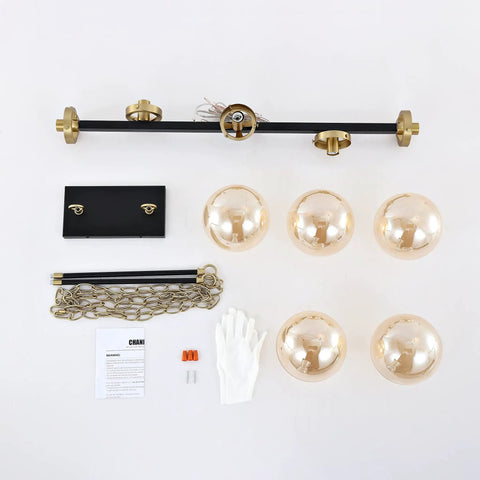 Components of 5 Light Modern Sputnik Island Pendant Light Fixture with Amber Glass Globe Shades for flat or sloped ceilings