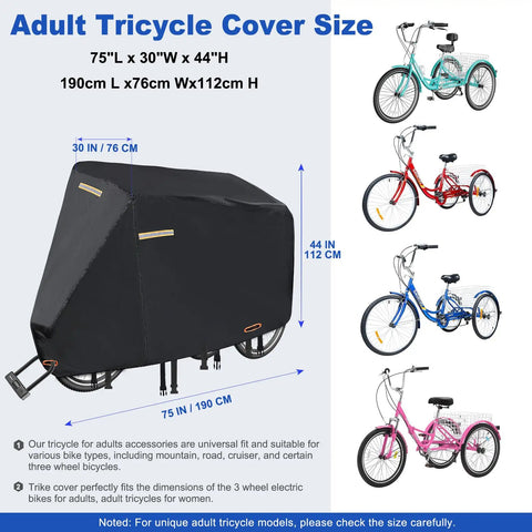 Heavy Duty Tricycle Cover For Adult Trike Waterproof Outdoor Bike Cover With 420D Fabric Nano Coating Scratch Resistant SPF 85 Plus Double Needle Seams, 75x30x44 in