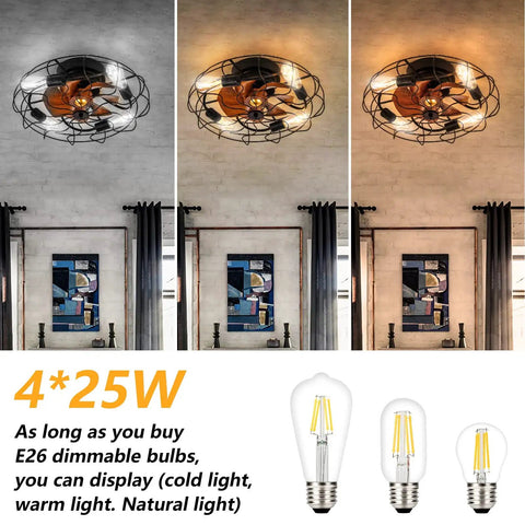 Three views of 21 Inch Caged Low Profile Ceiling Fan With Light Flush Mount Farmhouse Quiet Fandelier with bulbs display