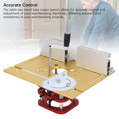 Super Rugged Stainless Steel Router Lift Kit For Woodworking Tables With No Sweat Setup And Butter Smooth Height Adjustments showing a gold router table with precise adjustment features.