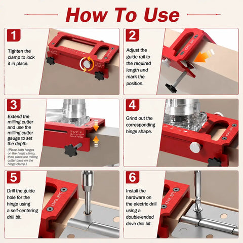 Step-by-step guide on using the Heavy Duty Adjustable Aluminum Door Hinge Jig and Lock Installation Kit with precision setup.