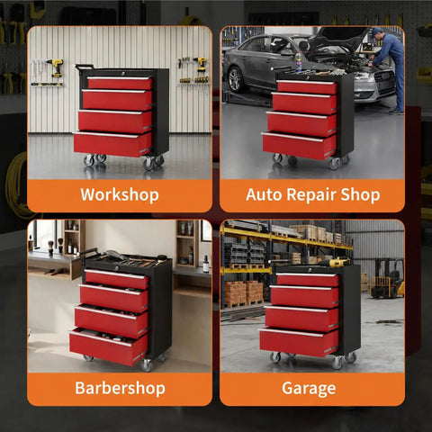 Badass Workhorse Rolling Tool Chest Heavy Duty Locking Casters Rock Solid Four Drawer Steel Organizer Pro Grade Portable Cabinet For Garage And Workshop Sleek Black Red Finish