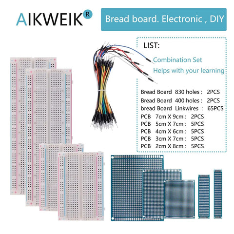 Ultimate Dope Breadboard And PCB Prototyping Kit with large and medium boards, jumper wires, and double-sided PCBs displayed.