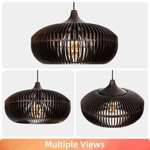 Arturesthome 1-Light Wooden Pendant Light Ceiling Hanging Light for Kitchen, unique wooden slat design in espresso finish.