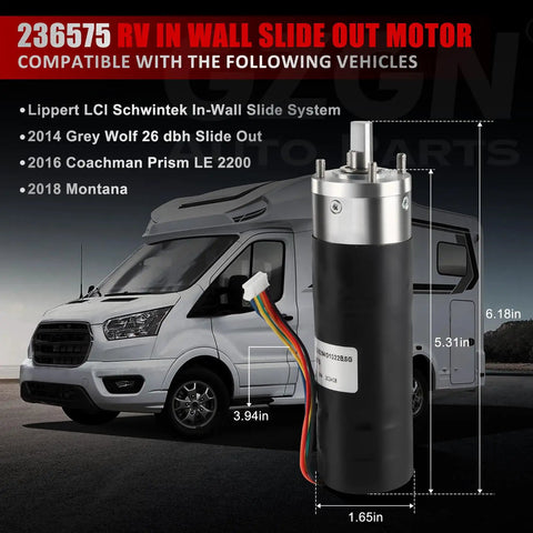 Heavy Duty RV In-Wall Slide-Out Motor Replacement For Lippert Schwintek In-Wall Slide System IG-42 shown with RV compatibility.