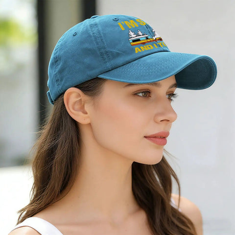Side view of a woman wearing a Relaxed Fit RV Camper Hat For Men With Tow It Vibe Vintage Camping Truck Cap Adjustable Strap Outdoors Adventure Ready Lightweight Breathable Perfect For Road Trips And Campouts