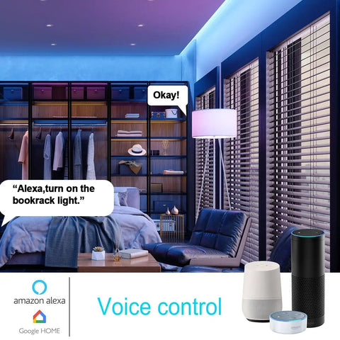 Smart home setup with WiFi Light Socket E27 E26 Two Pack With Voice And App Control, shown with Alexa and Google Home devices.