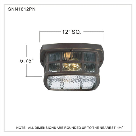 Front view of Stonington Outdoor Flush Mount Ceiling Light With 12 Inch Two Light Palladian Bronze Finish, water glass details visible.