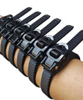 Heavy Duty Reusable Ratchet Cable Ties 12 Inch Grip Lock Straps With No Sweat Setup Locks It Down Tight Extends To 24 Inches For Outdoor Fencing Pipe Mounting And 6 Piece Set shown on an arm.