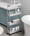 Slim 4 Tier Storage Cart, Rolling Utility Organizer in bathroom, holding toiletries next to cabinet and bathtub, gray